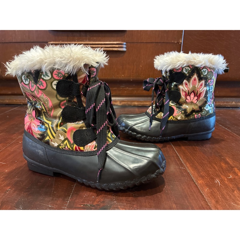 Weatherproof x Sporto Kim Floral Duck Boots Womens 7M Black Pink Faux Fur Trim